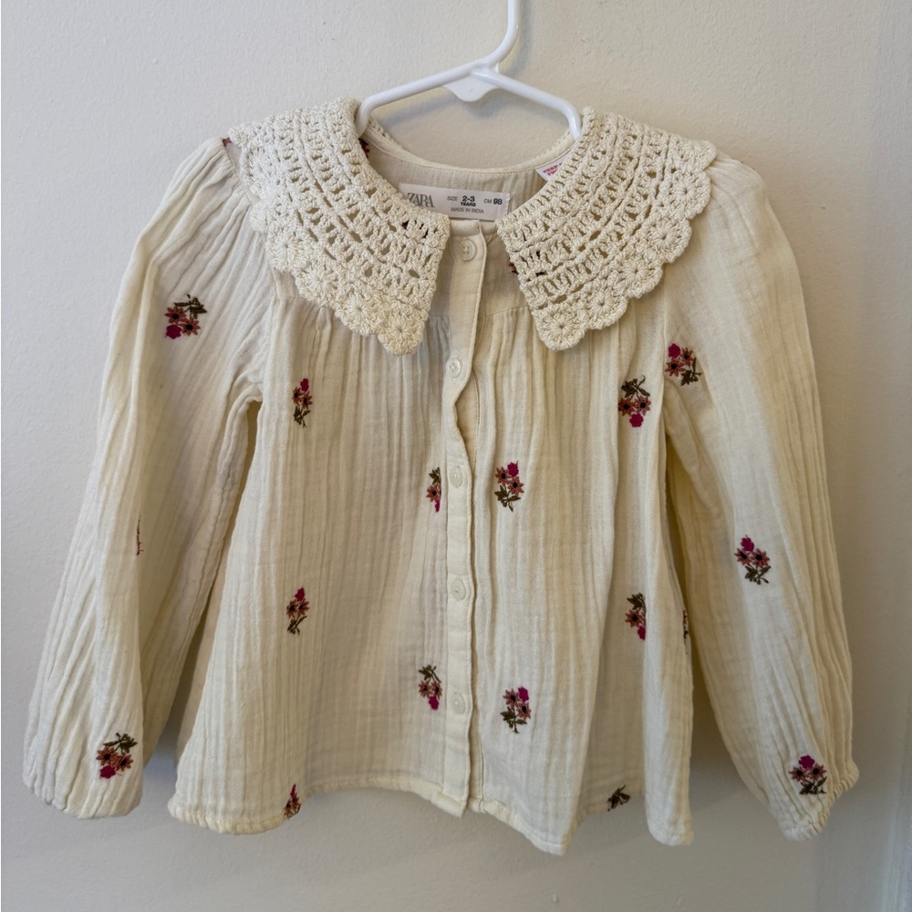Zara Cream Kids Blouse with Floral Embroidery